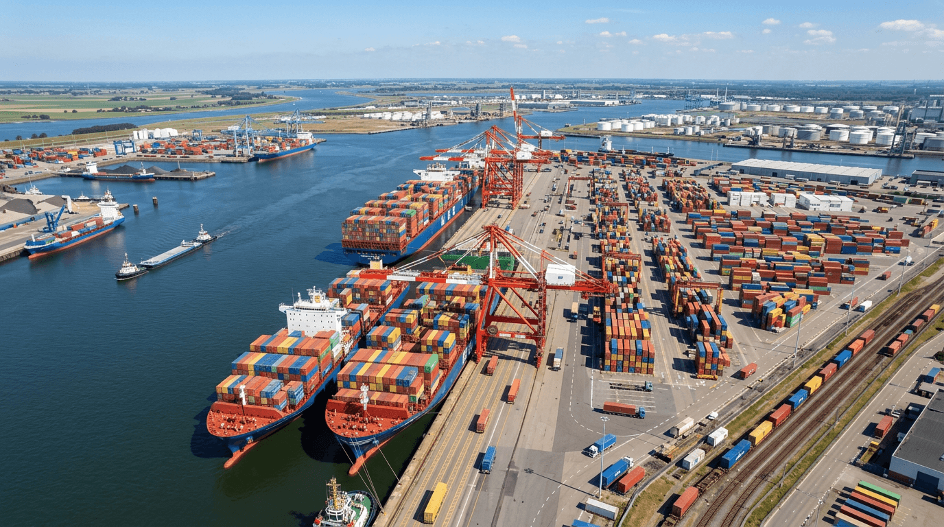Drone shot of a Dutch port with container ships
